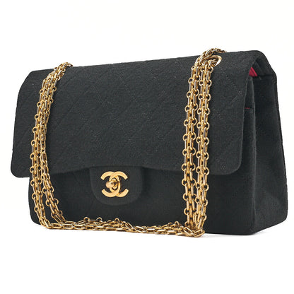 CHANEL Cotton Matelasse Double Flap 2.55 Chain Shoulder Black Gold-Tone Hardware, Pre-Owned