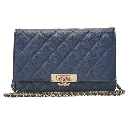 CHANEL Caviar Ski Matelasse Beauty Lock Chain Wallet Navy Gold-Tone Hardware, Pre-Owned