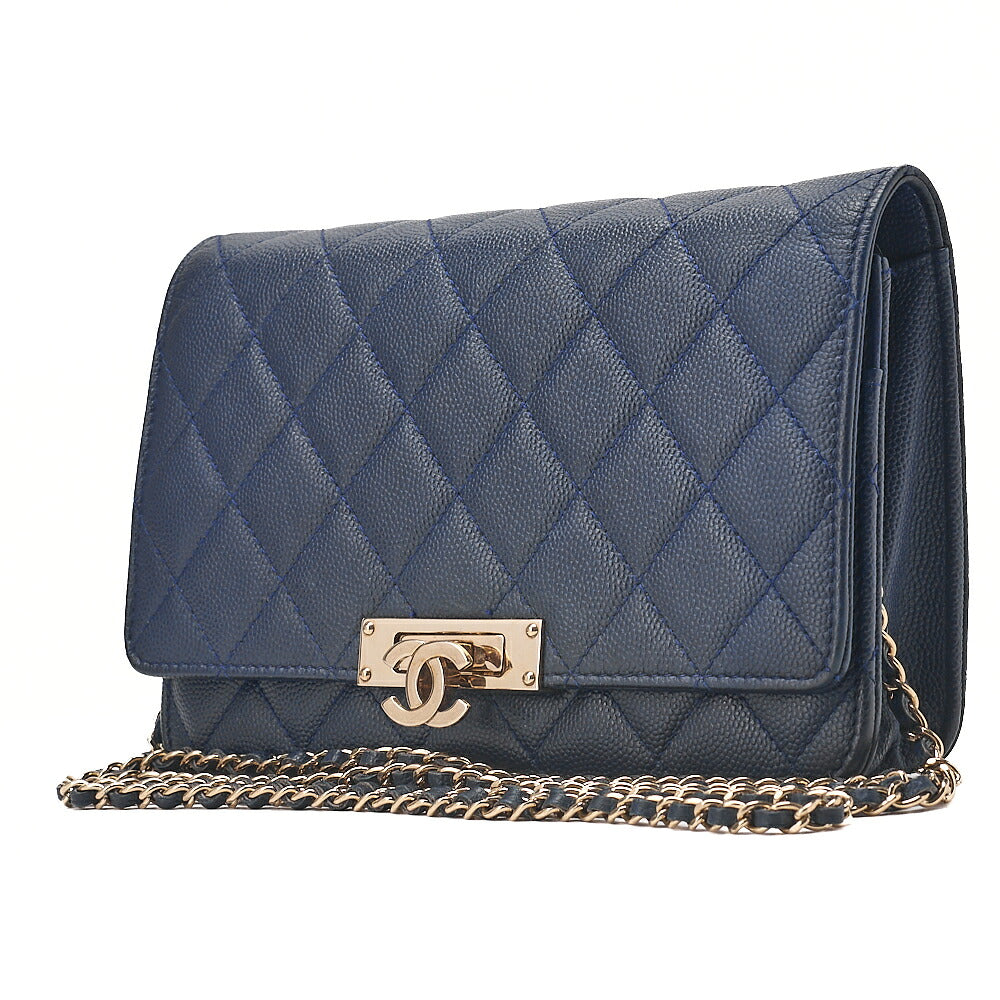 CHANEL Caviar Ski Matelasse Beauty Lock Chain Wallet Navy Gold-Tone Hardware, Pre-Owned