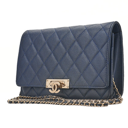CHANEL Caviar Ski Matelasse Beauty Lock Chain Wallet Navy Gold-Tone Hardware, Pre-Owned