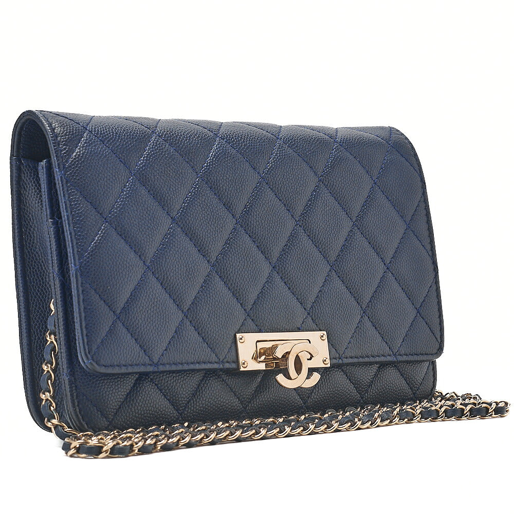 CHANEL Caviar Ski Matelasse Beauty Lock Chain Wallet Navy Gold-Tone Hardware, Pre-Owned