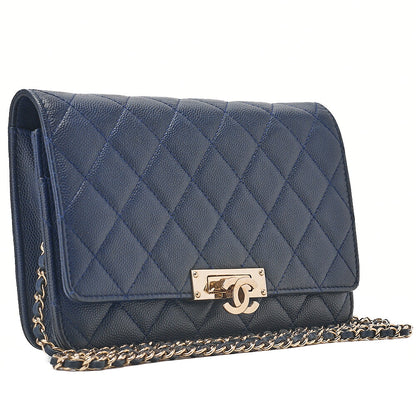 CHANEL Caviar Ski Matelasse Beauty Lock Chain Wallet Navy Gold-Tone Hardware, Pre-Owned