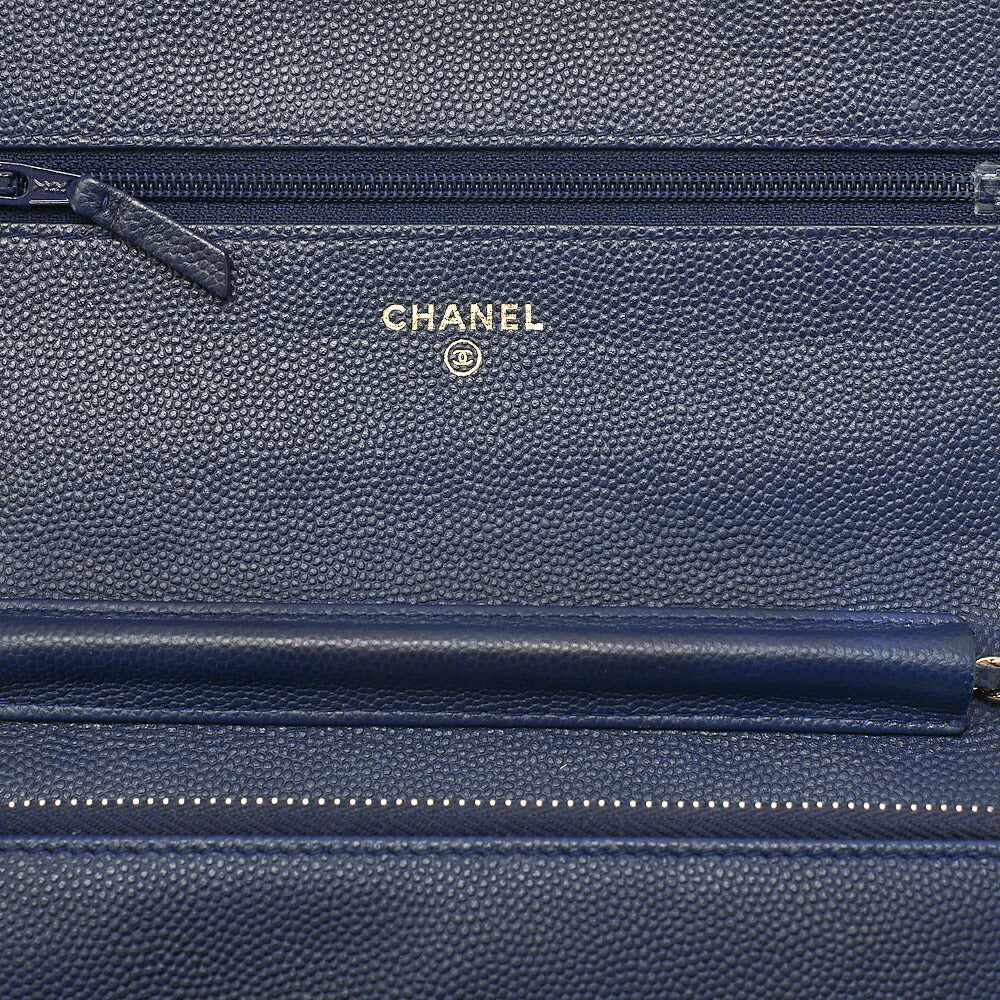 CHANEL Caviar Ski Matelasse Beauty Lock Chain Wallet Navy Gold-Tone Hardware, Pre-Owned