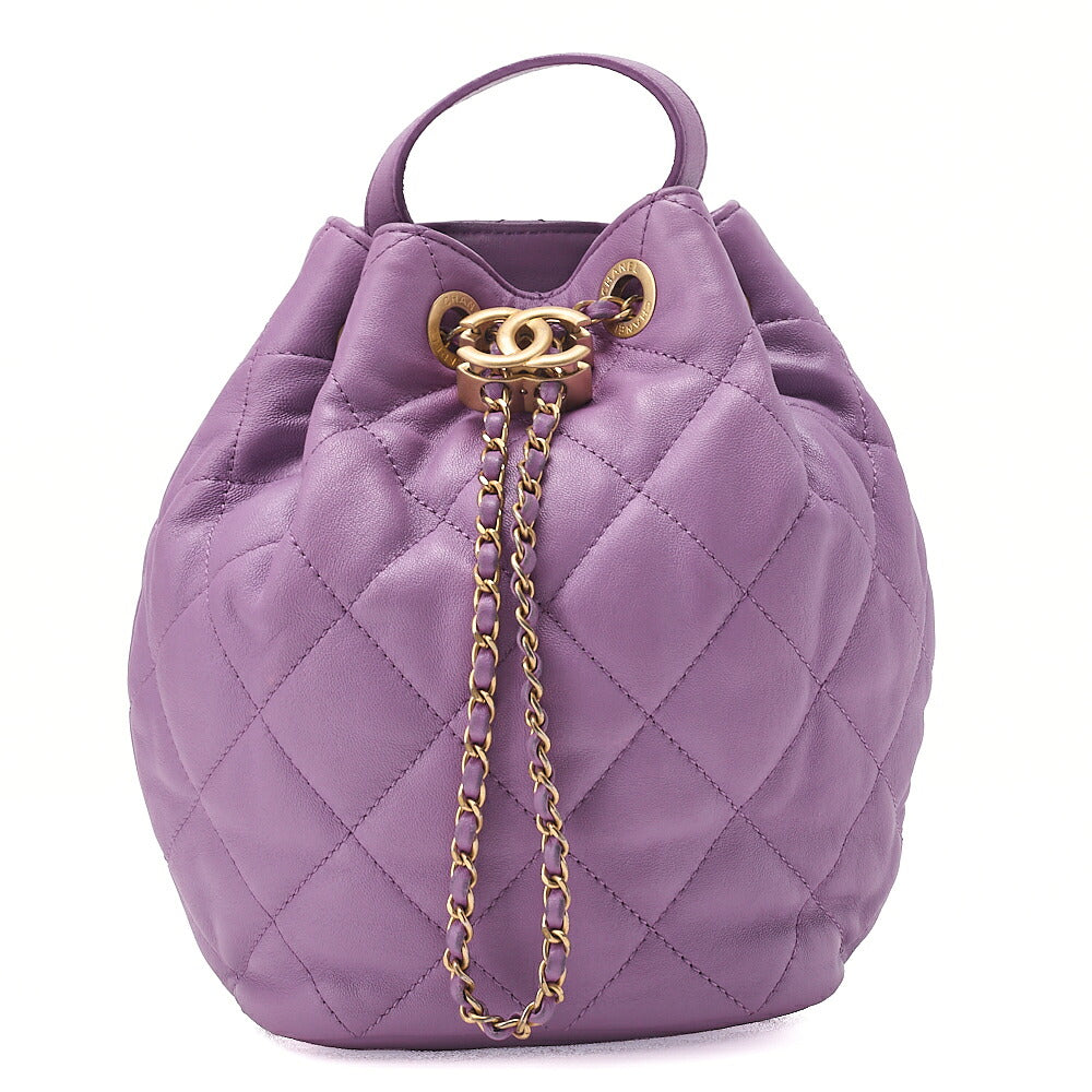 CHANEL Lambskin Matelasse Drawstring 2-Way Chain Backpack with Coco Charm Purple Gold-Tone Hardware, Pre-Owned