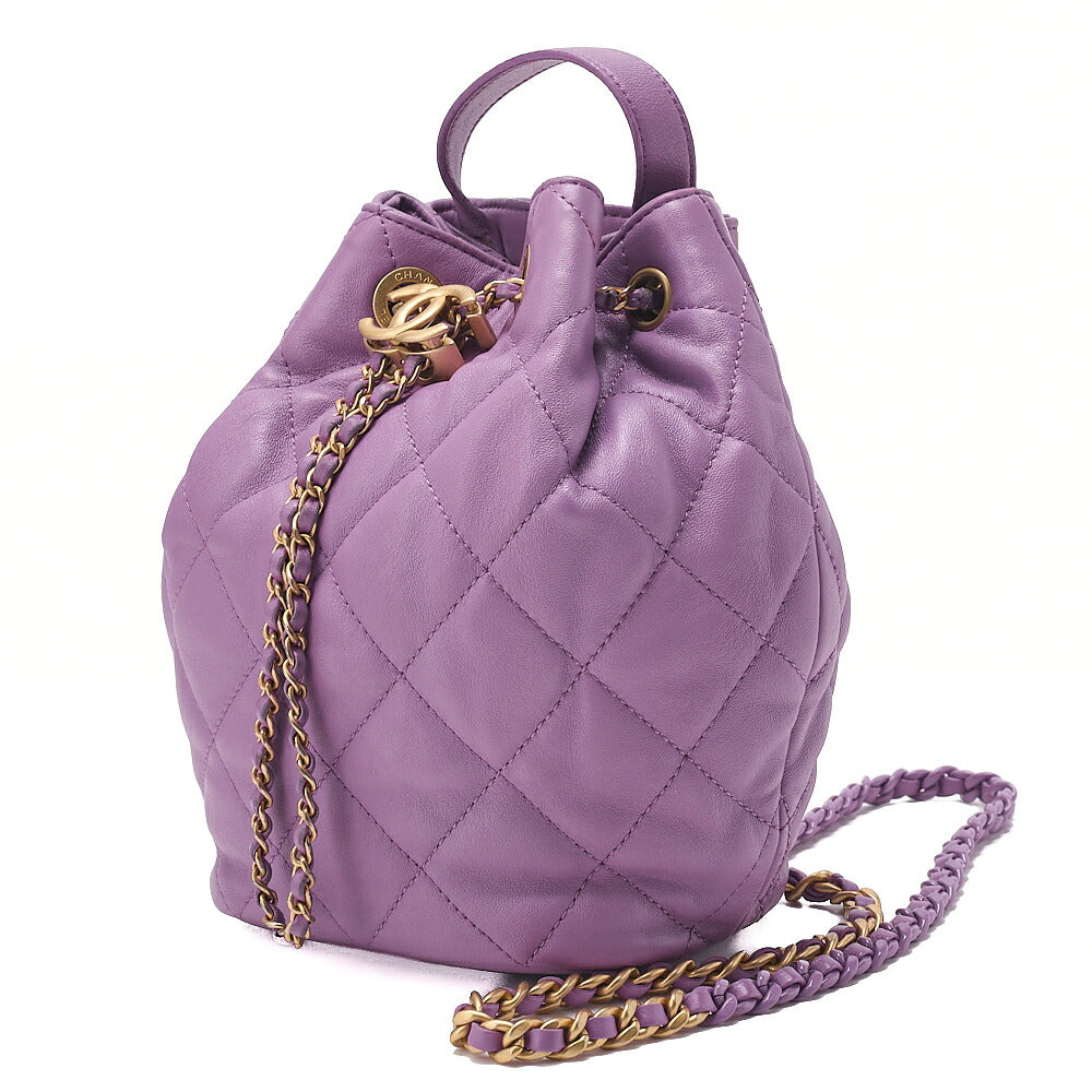 CHANEL Lambskin Matelasse Drawstring 2-Way Chain Backpack with Coco Charm Purple Gold-Tone Hardware, Pre-Owned