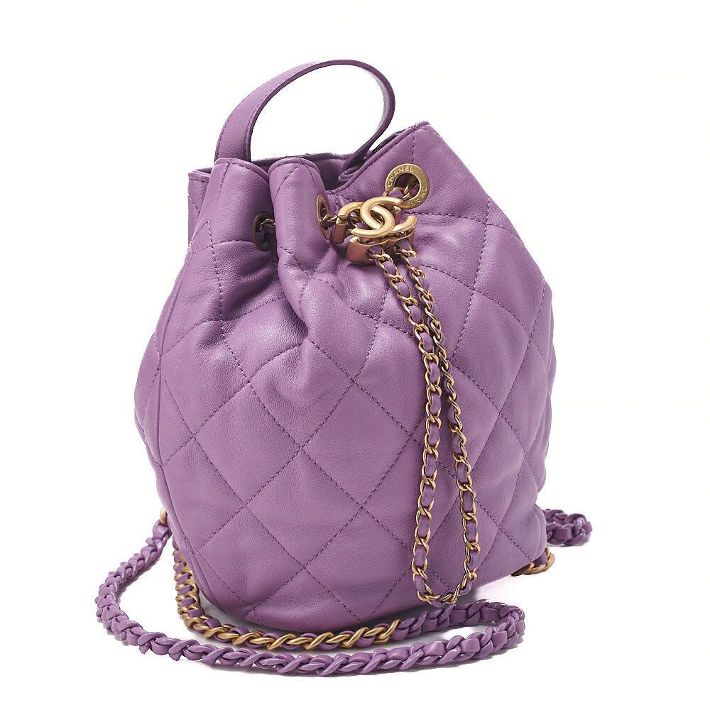 CHANEL Lambskin Matelasse Drawstring 2-Way Chain Backpack with Coco Charm Purple Gold-Tone Hardware, Pre-Owned