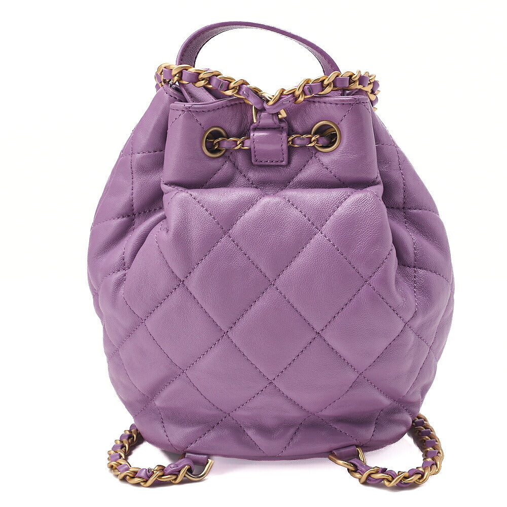 CHANEL Lambskin Matelasse Drawstring 2-Way Chain Backpack with Coco Charm Purple Gold-Tone Hardware, Pre-Owned