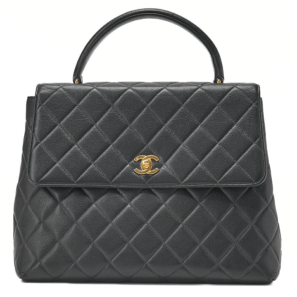 CHANEL Chanel Caviar Skin Matelasse Handbag Matelasse Turn Lock Kelly Shape Black Gold-Tone Hardware, Pre-Owned