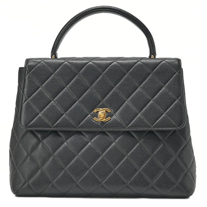 CHANEL Chanel Caviar Skin Matelasse Handbag Matelasse Turn Lock Kelly Shape Black Gold-Tone Hardware, Pre-Owned