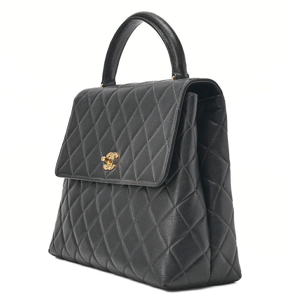 CHANEL Chanel Caviar Skin Matelasse Handbag Matelasse Turn Lock Kelly Shape Black Gold-Tone Hardware, Pre-Owned