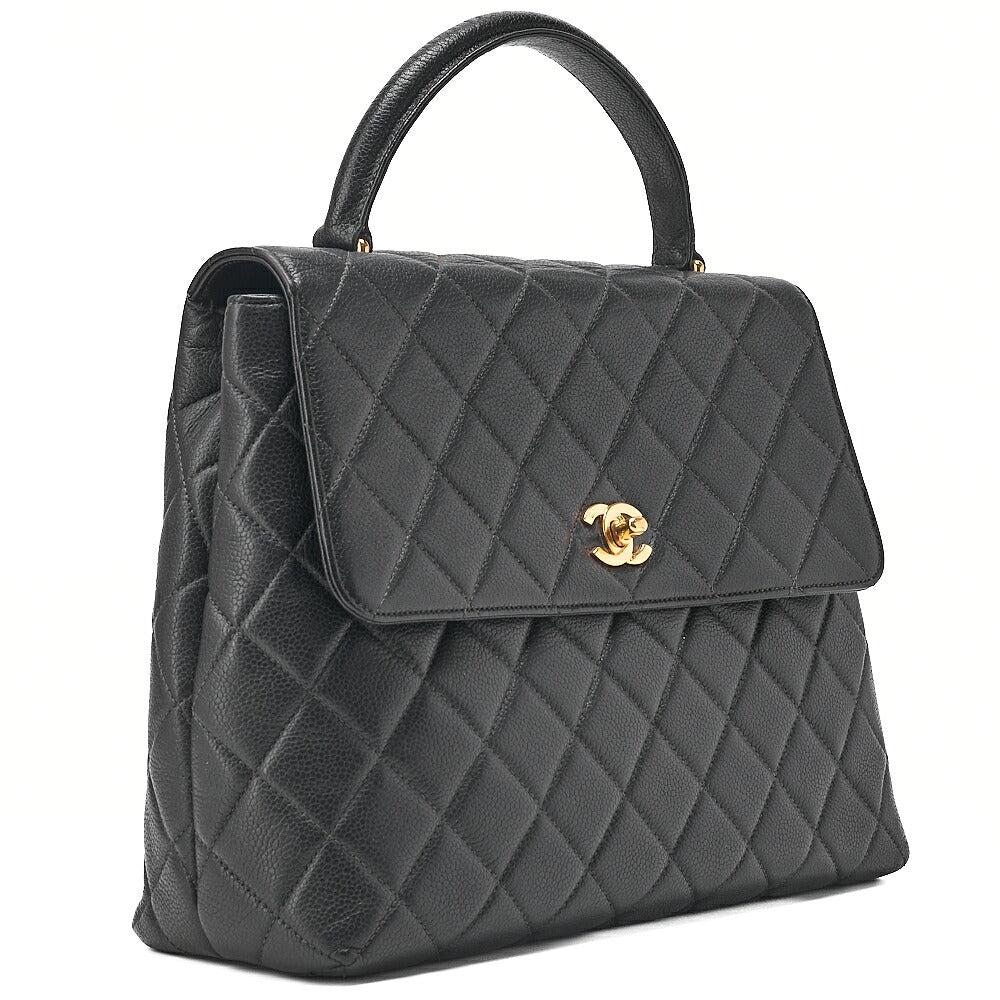 CHANEL Chanel Caviar Skin Matelasse Handbag Matelasse Turn Lock Kelly Shape Black Gold-Tone Hardware, Pre-Owned