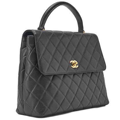 CHANEL Chanel Caviar Skin Matelasse Handbag Matelasse Turn Lock Kelly Shape Black Gold-Tone Hardware, Pre-Owned
