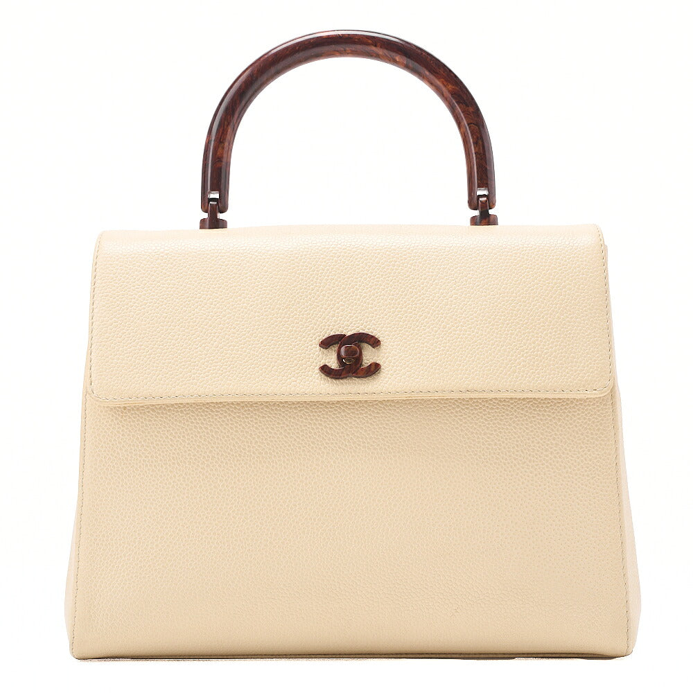 CHANEL Caviar Skin Coco Mark Wood Pattern Handbag Beige Gold-Tone Hardware, Pre-Owned