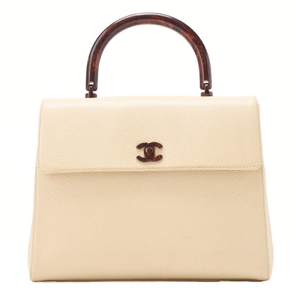 CHANEL Caviar Skin Coco Mark Wood Pattern Handbag Beige Gold-Tone Hardware, Pre-Owned