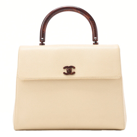 CHANEL Caviar Skin Coco Mark Wood Pattern Handbag Beige Gold-Tone Hardware, Pre-Owned