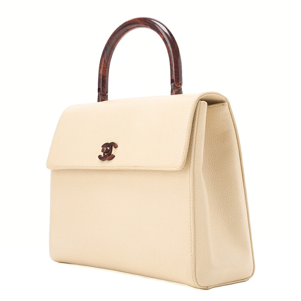 CHANEL Caviar Skin Coco Mark Wood Pattern Handbag Beige Gold-Tone Hardware, Pre-Owned