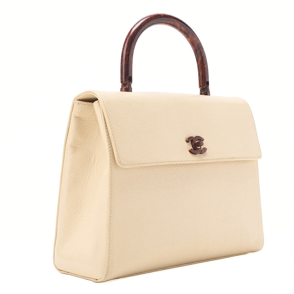 CHANEL Caviar Skin Coco Mark Wood Pattern Handbag Beige Gold-Tone Hardware, Pre-Owned