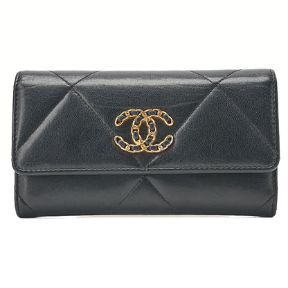CHANEL Lambskin Matelasse Chanel 19 Bi-Fold Long Wallet Black Gold-Tone Hardware, Pre-Owned