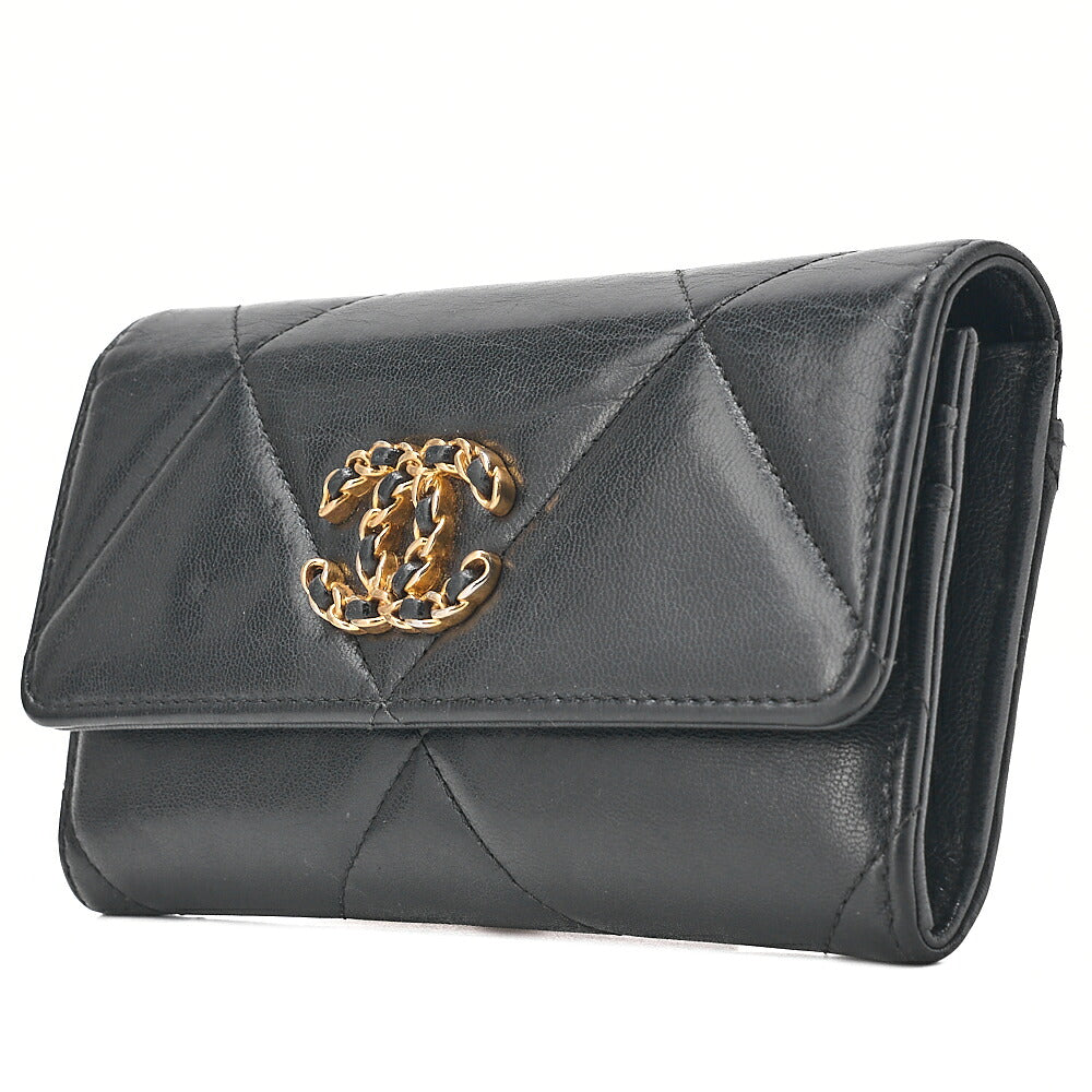 CHANEL Lambskin Matelasse Chanel 19 Bi-Fold Long Wallet Black Gold-Tone Hardware, Pre-Owned