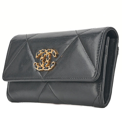 CHANEL Lambskin Matelasse Chanel 19 Bi-Fold Long Wallet Black Gold-Tone Hardware, Pre-Owned