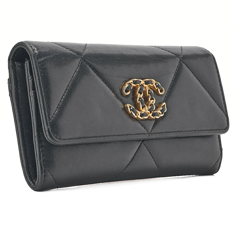 CHANEL Lambskin Matelasse Chanel 19 Bi-Fold Long Wallet Black Gold-Tone Hardware, Pre-Owned