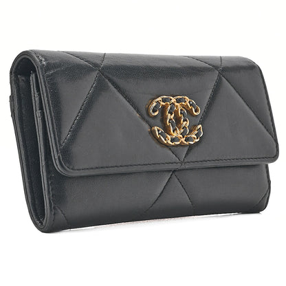 CHANEL Lambskin Matelasse Chanel 19 Bi-Fold Long Wallet Black Gold-Tone Hardware, Pre-Owned