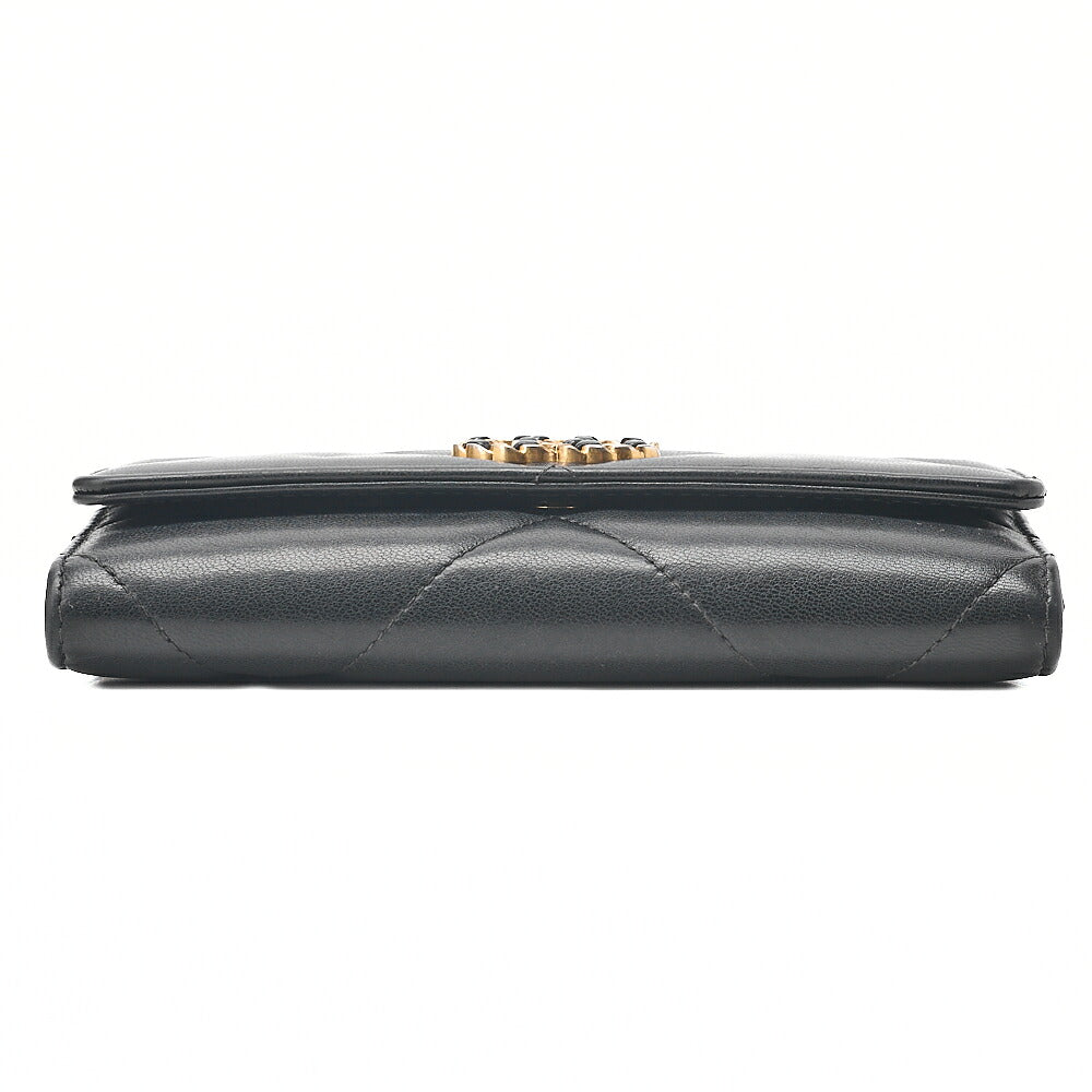 CHANEL Lambskin Matelasse Chanel 19 Bi-Fold Long Wallet Black Gold-Tone Hardware, Pre-Owned
