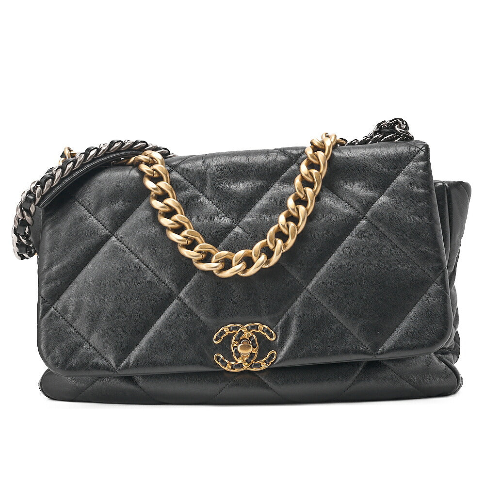 CHANEL Lambskin Matelasse Chanel 19 2WAY Chain Shoulder Black Gold x Silver -Tone Hardware, Pre-Owned