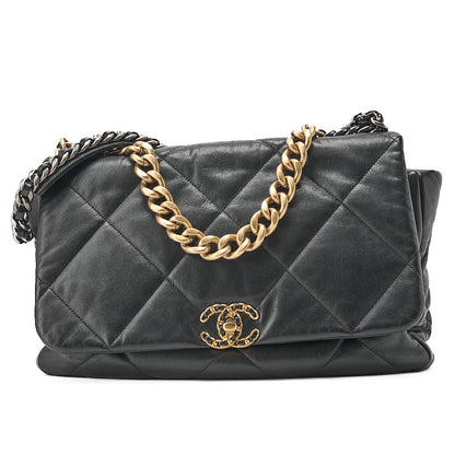 CHANEL Lambskin Matelasse Chanel 19 2WAY Chain Shoulder Black Gold x Silver -Tone Hardware, Pre-Owned