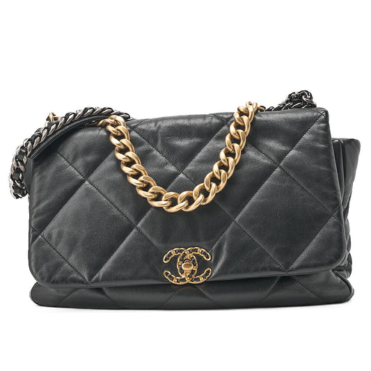 CHANEL Lambskin Matelasse Chanel 19 2WAY Chain Shoulder Black Gold x Silver -Tone Hardware, Pre-Owned