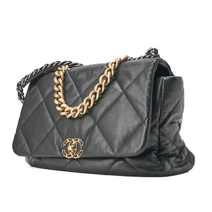 CHANEL Lambskin Matelasse Chanel 19 2WAY Chain Shoulder Black Gold x Silver -Tone Hardware, Pre-Owned