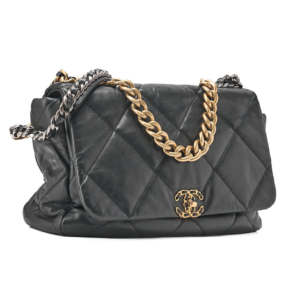 CHANEL Lambskin Matelasse Chanel 19 2WAY Chain Shoulder Black Gold x Silver -Tone Hardware, Pre-Owned