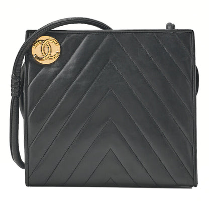 CHANEL Lambskin V-Stitch Coco Mark Shoulder Black Gold-Tone Hardware, Pre-Owned