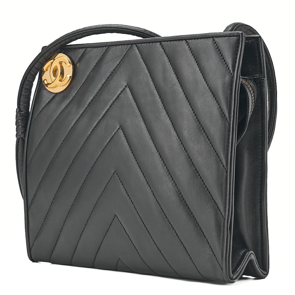CHANEL Lambskin V-Stitch Coco Mark Shoulder Black Gold-Tone Hardware, Pre-Owned