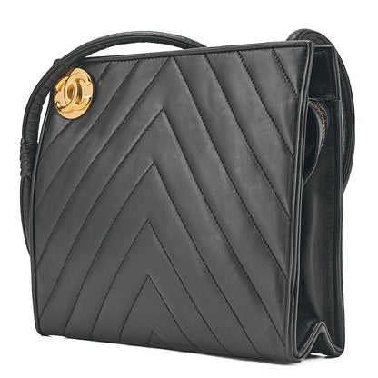CHANEL Lambskin V-Stitch Coco Mark Shoulder Black Gold-Tone Hardware, Pre-Owned