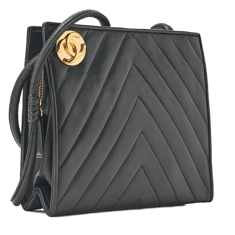 CHANEL Lambskin V-Stitch Coco Mark Shoulder Black Gold-Tone Hardware, Pre-Owned