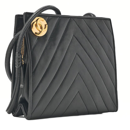 CHANEL Lambskin V-Stitch Coco Mark Shoulder Black Gold-Tone Hardware, Pre-Owned