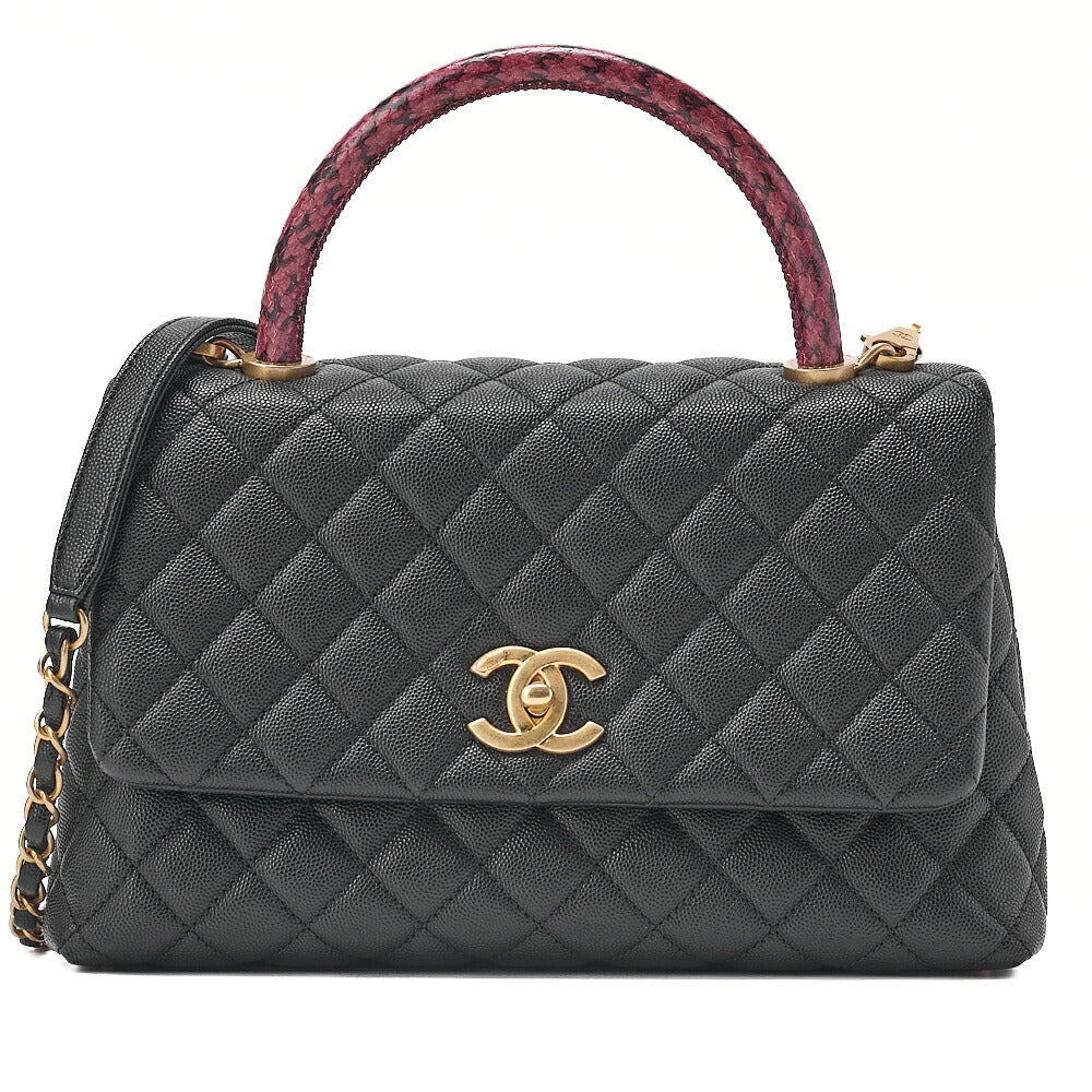 CHANEL Caviar Skin x Lizard Matelasse Coco Handle 29 S 2-Way Handbag Black x Red Gold-Tone Hardware, Pre-Owned