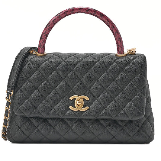 CHANEL Caviar Skin x Lizard Matelasse Coco Handle 29 S 2-Way Handbag Black x Red Gold-Tone Hardware, Pre-Owned