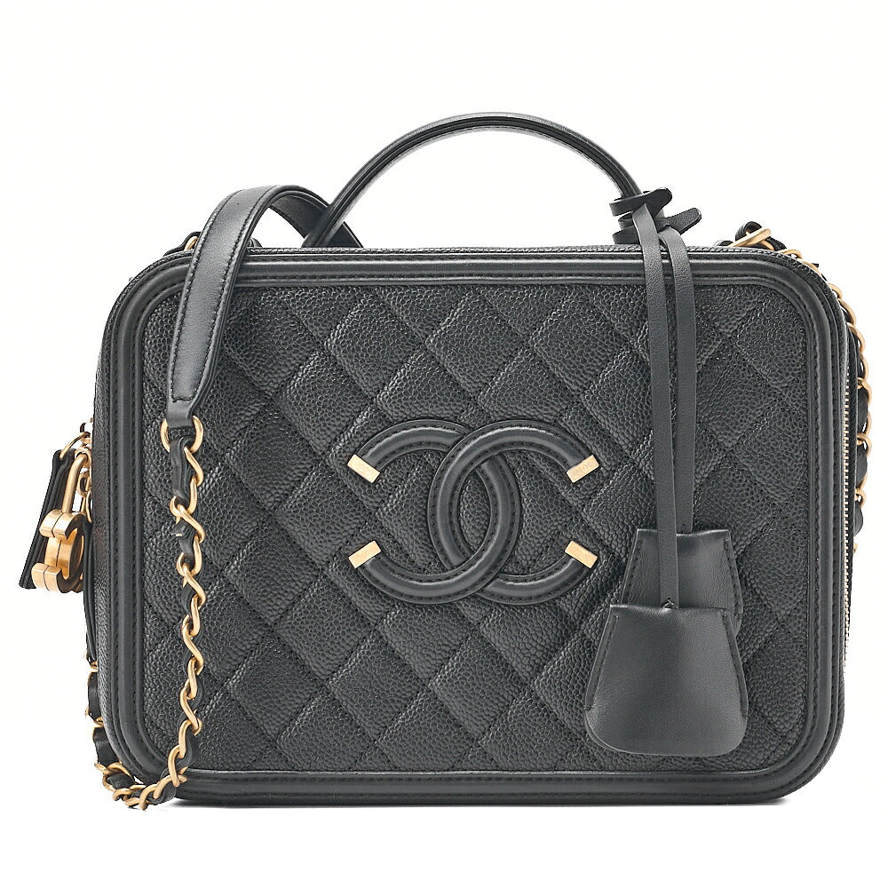 CHANEL Caviar Skin Matelasse CC Filigree 2WAY Chain Shoulder Black Gold-Tone Hardware, Pre-Owned