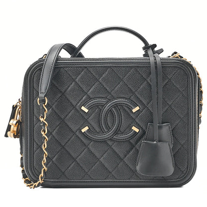 CHANEL Caviar Skin Matelasse CC Filigree 2WAY Chain Shoulder Black Gold-Tone Hardware, Pre-Owned