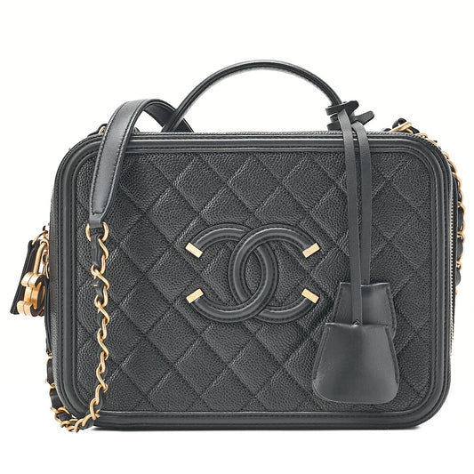 CHANEL Caviar Skin Matelasse CC Filigree 2WAY Chain Shoulder Black Gold-Tone Hardware, Pre-Owned