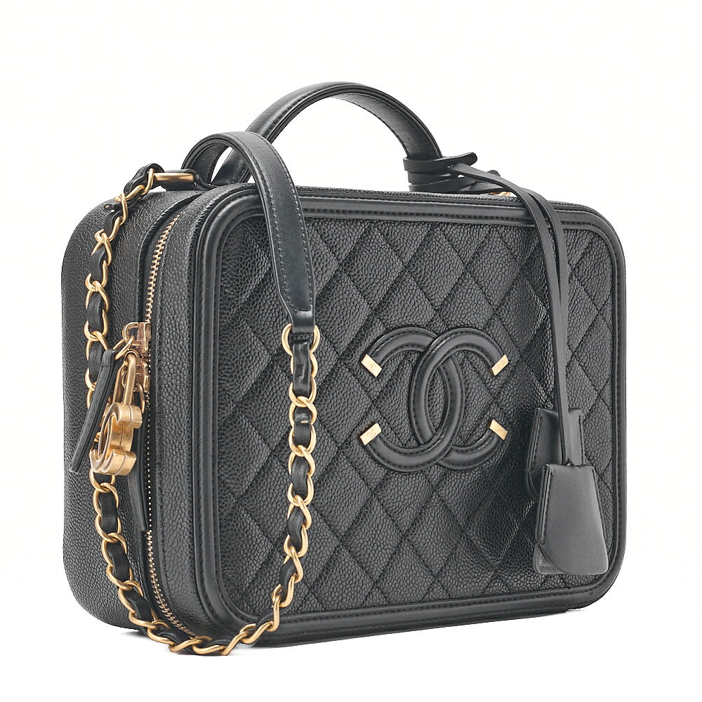 CHANEL Caviar Skin Matelasse CC Filigree 2WAY Chain Shoulder Black Gold-Tone Hardware, Pre-Owned