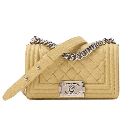 CHANEL Boy Chanel 20 Caviar Skin Chain Shoulder Yellow Tone Silver-Tone Hardware, Pre-Owned