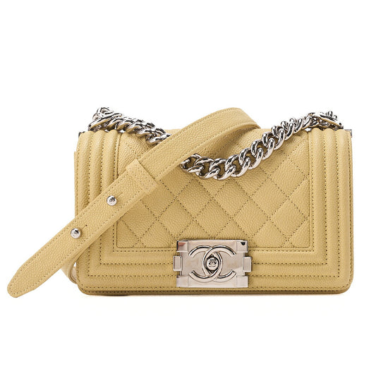 CHANEL Boy Chanel 20 Caviar Skin Chain Shoulder Yellow Tone Silver-Tone Hardware, Pre-Owned