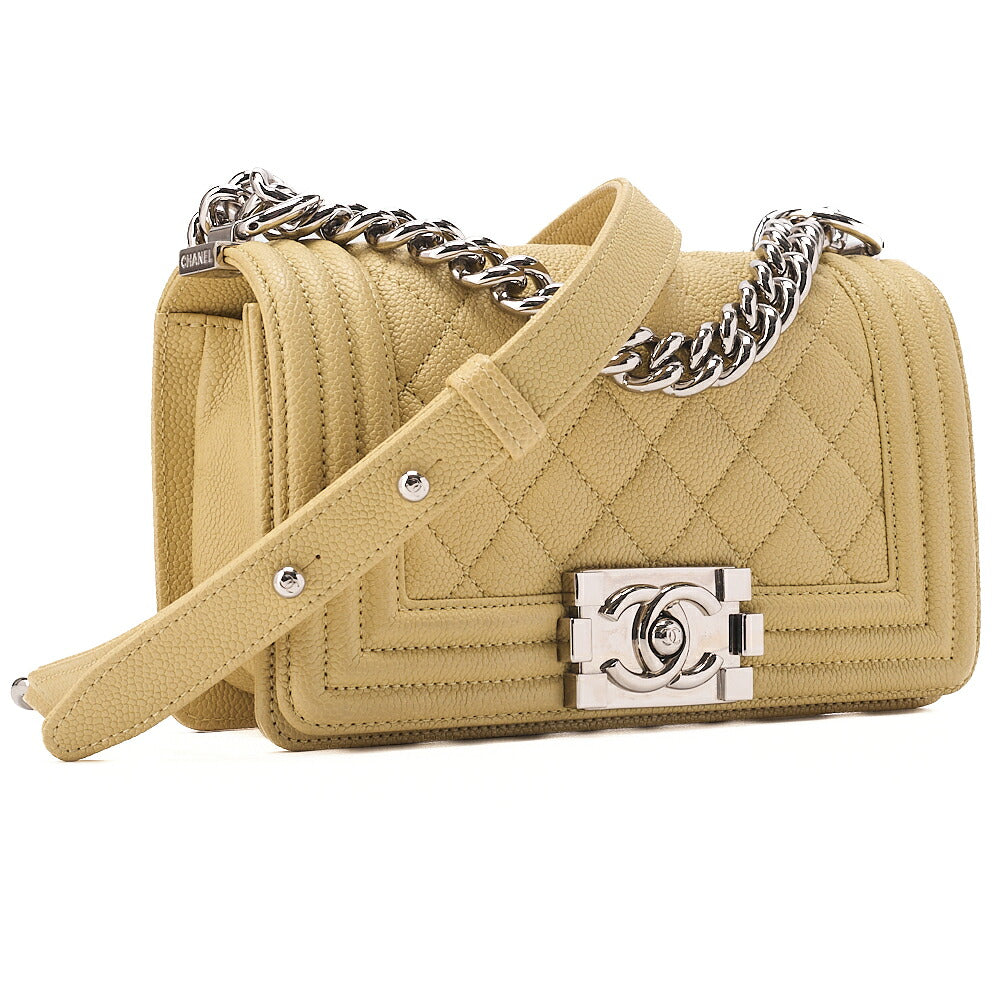 CHANEL Boy Chanel 20 Caviar Skin Chain Shoulder Yellow Tone Silver-Tone Hardware, Pre-Owned