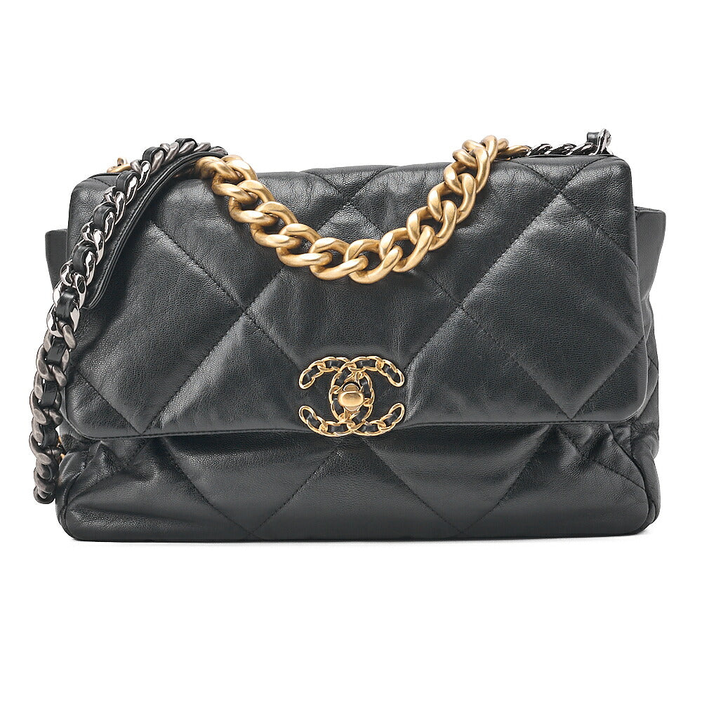 CHANEL Lambskin Matelasse Chanel 19 2WAY Chain Shoulder Black Gold x Silver-Tone Hardware, Pre-Owned