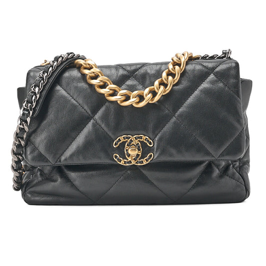 CHANEL Lambskin Matelasse Chanel 19 2WAY Chain Shoulder Black Gold x Silver-Tone Hardware, Pre-Owned