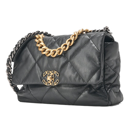 CHANEL Lambskin Matelasse Chanel 19 2WAY Chain Shoulder Black Gold x Silver-Tone Hardware, Pre-Owned