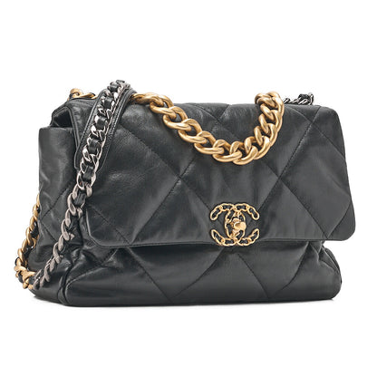 CHANEL Lambskin Matelasse Chanel 19 2WAY Chain Shoulder Black Gold x Silver-Tone Hardware, Pre-Owned